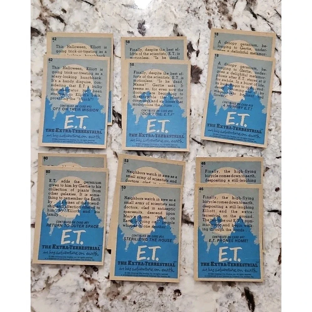 E.T. movie cards (vintage TOPPS, 1982) LOT OF 65 -Drew Barrymore, Spielberg etc.